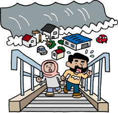 津波から高台に避難する外国人（アジア／ムスリム系）のイラスト