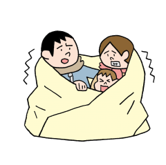 毛布で暖をとる家族のイラスト