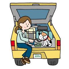 車でネコと一緒に避難した人のイラスト