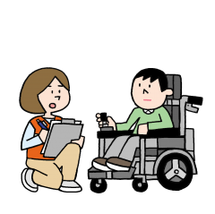 避難所で車椅子の人の話を聞きメモを取る担当者のイラスト
