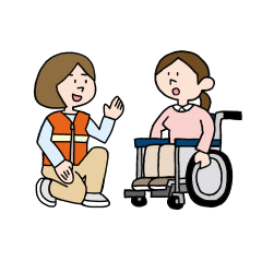 車椅子の人の対応をする避難所の担当者のイラスト
