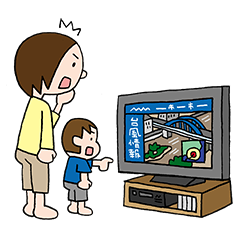 テレビで台風情報を見る人のイラスト