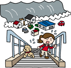 イヌと一緒に津波から避難する人のイラスト