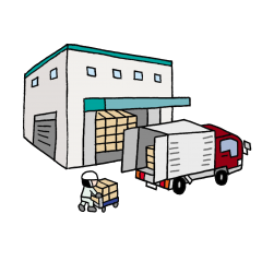 救援物資を倉庫から搬出する人のイラスト