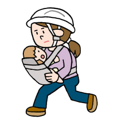 だっこひもで赤ちゃんと避難する女性のイラスト