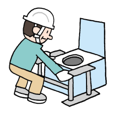 手すり付き仮設トイレを準備する人のイラスト