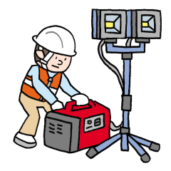 投光器と発電機を準備する人のイラスト